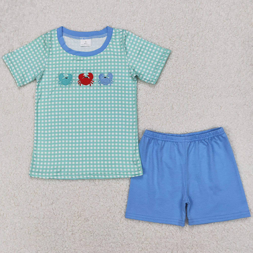 Baby Girls Clothes Crabs Embroidery Checkered Shirts Shorts Sets BSSO1279 GSSO2107