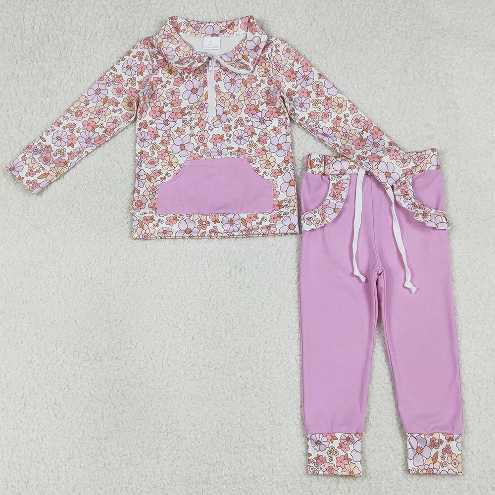 Baby Girls Clothes Colorful Flowers Zip Pocket Pullovers Jogger Pants Clothes Sets GLP3281 1.1