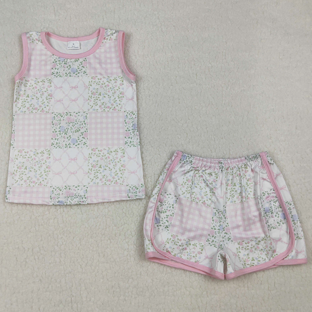 Baby Girls Clothes Pink Checked Flowers Top Shorts Clothes Sets GSSO3168
