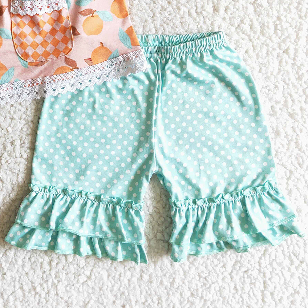 New Design Toddler Girl Clothes Flutter Sleeve Peach Top Shorts Outfit C2-13