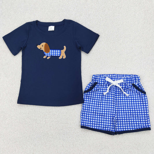 Baby Boys Clothes Navy Short Sleeve Embroidery Shirt Checkered Shorts Sets BSSO1227