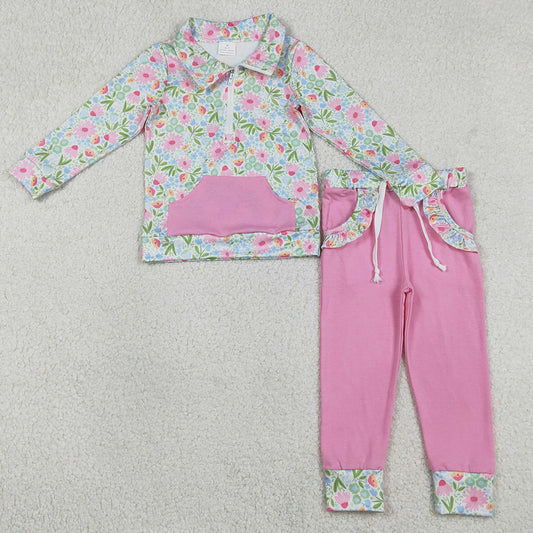 Baby Girls Clothes Colorful Flowers Zip Pocket Pullovers Jogger Pants Clothes Sets GLP3282 1.2