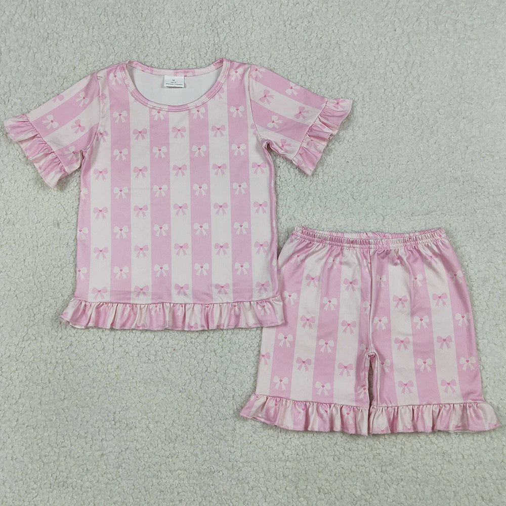 Baby Girls Clothes Short Sleeve Pink Bows Stripe Top Ruffle Short Clothes Set GSSO3341