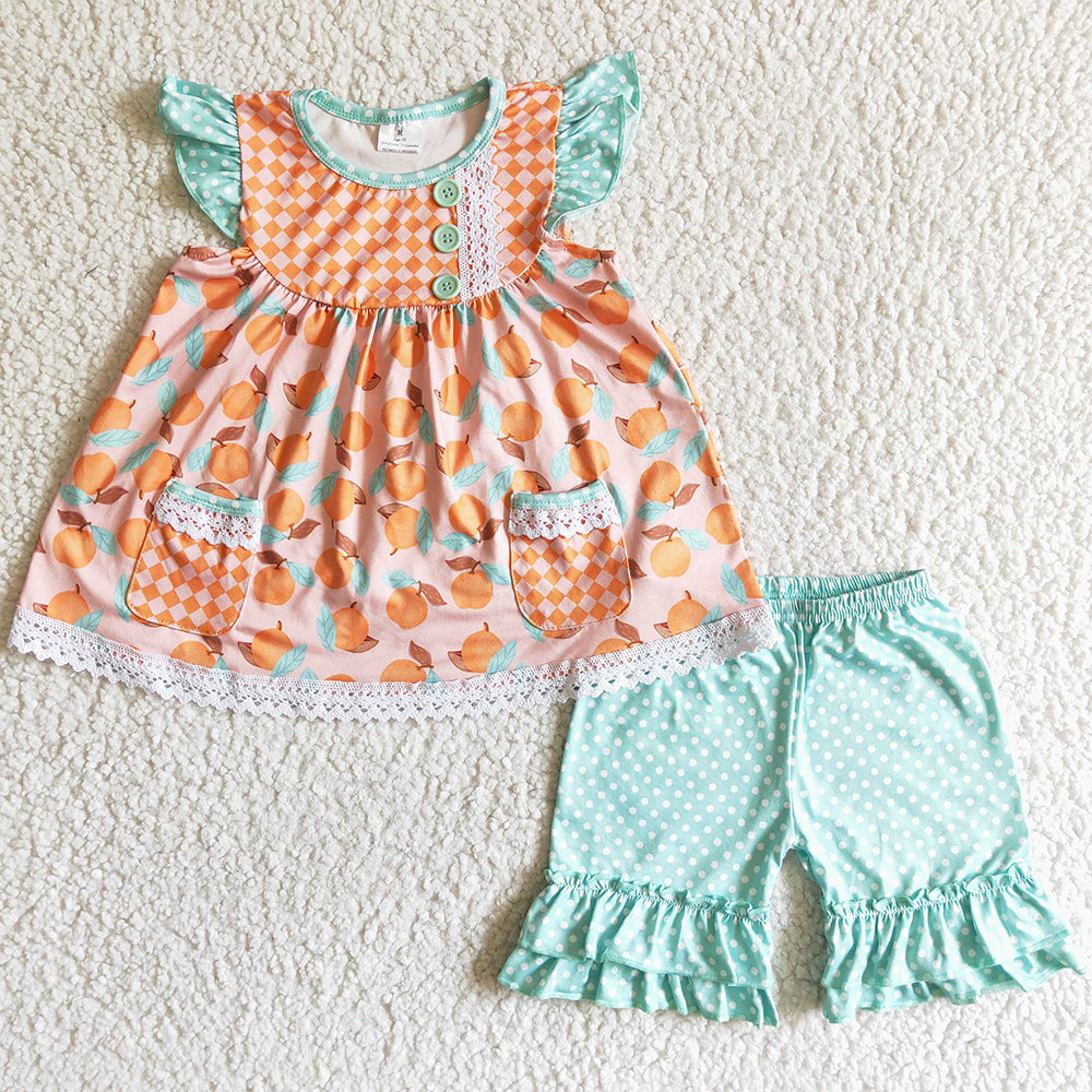 New Design Toddler Girl Clothes Flutter Sleeve Peach Top Shorts Outfit C2-13