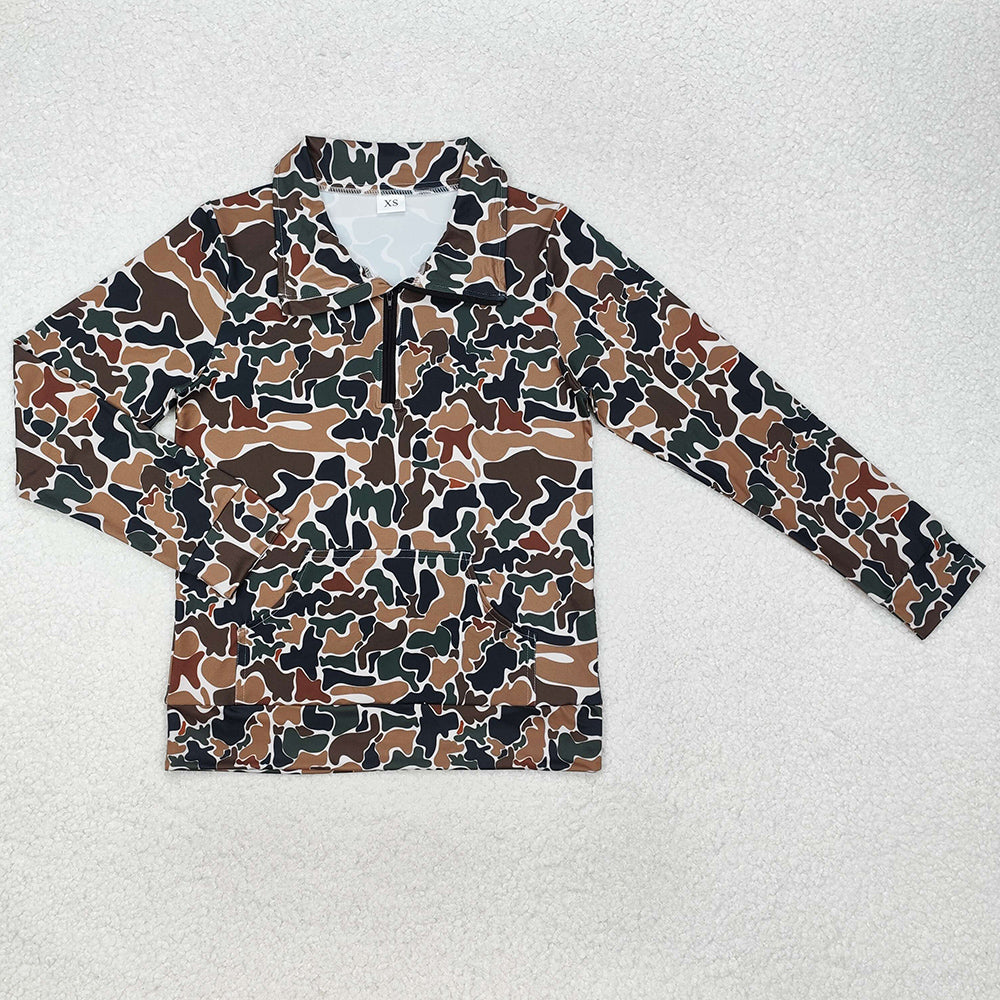 Adult Women Clothes Tops Dark Brown Camo Long Sleeve Tee Shirts Zip Pullovers Tops GT0829
