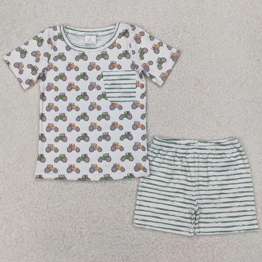 Baby Boys Clothes Farm Trucks Pocket Shirt Top Tee Shorts Sets BSSO1354