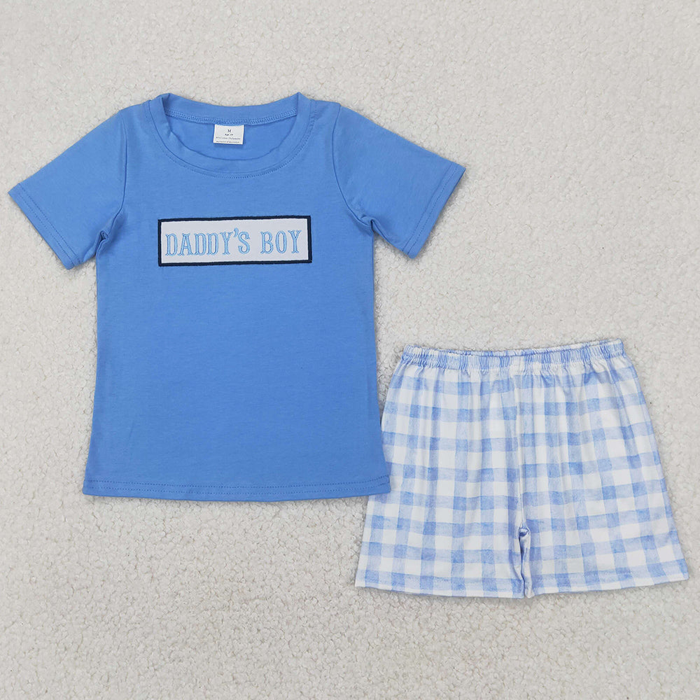 Baby Boys Clothes Blue Short Sleeves DADDY'S BOY Embroidery Top Plaid Shorts Sets BSSO1433