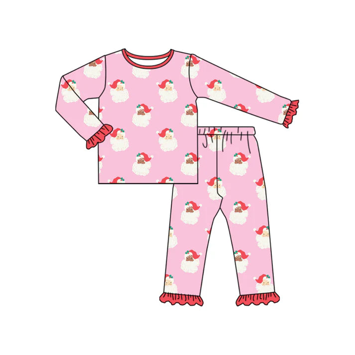 Preorder (moq 5)Baby Girls Hot Pink Long Ruffle Sleeves Santa Plaid Top Pant Pajamas Sets 6.11