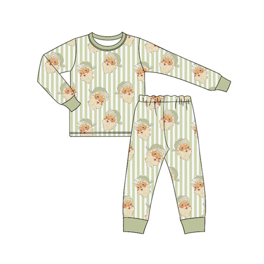Preorder (moq 5)Baby Boys Long Sleeves Green Stripe Santa Top Pant Pajamas Set 6.23