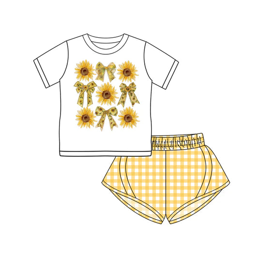 Preorder (moq 5)Baby Girls Short Sleeves Bows Sunflowers Top Yellow Plaid Yoga Short Set 5.13