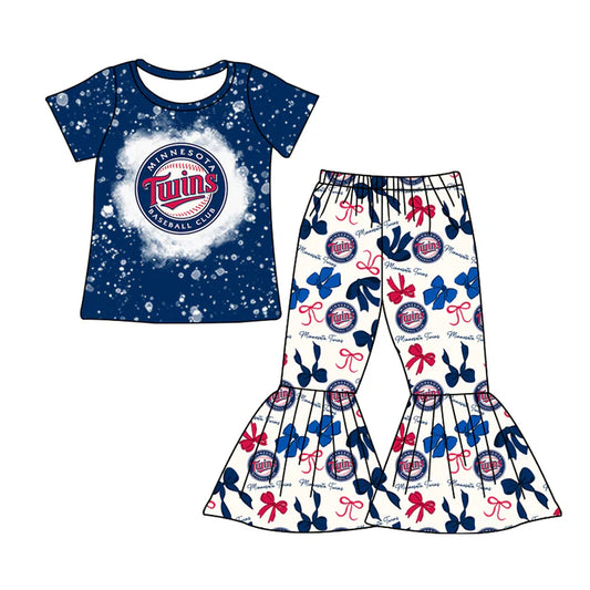 Preorder MOQ 5 bleached navy T top bow pants girls team clothes 8.25
