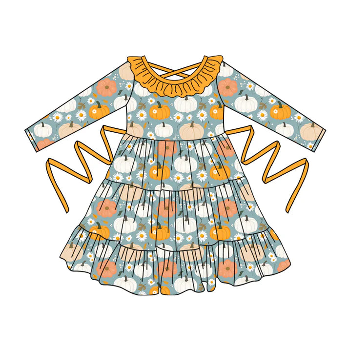 Preorder moq 5 Baby Girls Long Sleeves Flowers Pumpkins With Belt Ruffle Knee Length Dresses 5.2