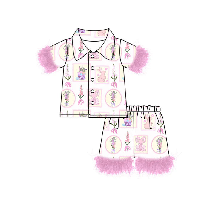 Preorder (moq 8)Baby Girls Flowers Rabbits Checked Button Top Shorts Easter Fur Pajamas Sets 9.17