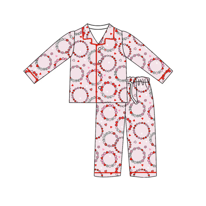 preorder(moq 5) Baby Girls Long Sleeves Pink Flowers Hearts Button Top Pants Pajamas Set 7.24