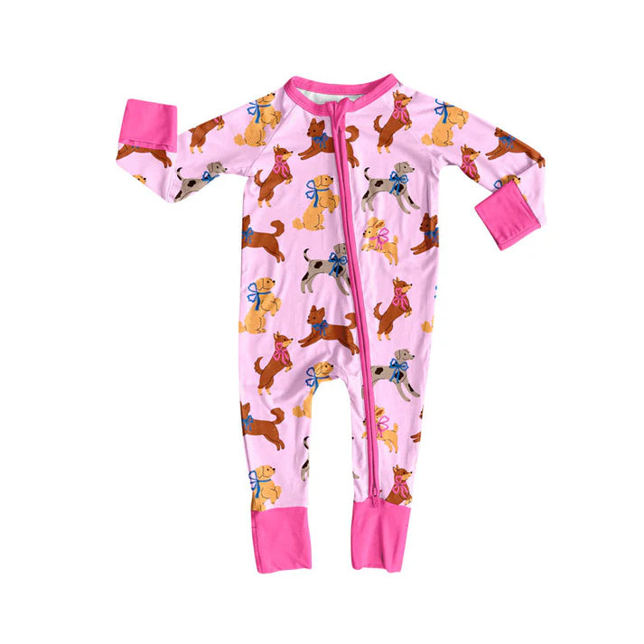Preorder (moq 8)Baby Girls Bows Dogs Valentine Zipper Footie Rompers 9.19