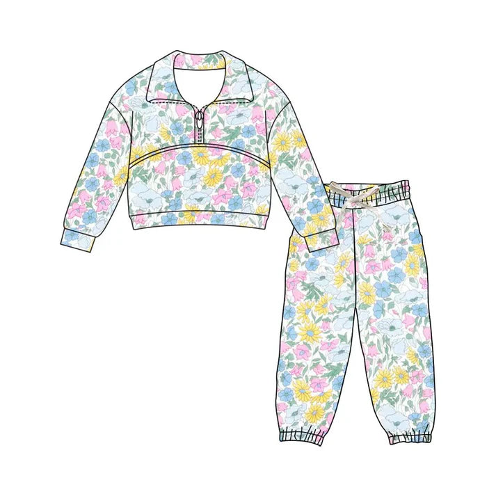 Preorder (moq 5)Baby Girls Colorful Flowers Zipper Pullover Jogger Pants Clothes Sets 11.22
