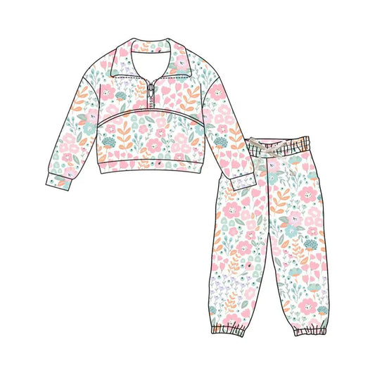 Preorder (moq 5)Baby Girls Colorful Flowers Zipper Pullover Jogger Pants Clothes Sets 11.22