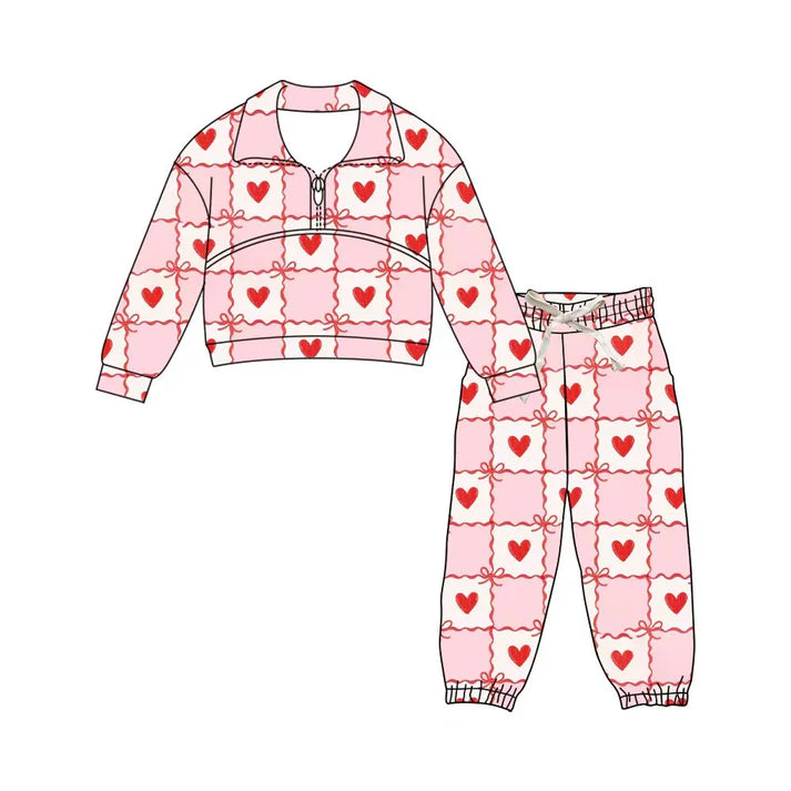 Preorder (moq 5)Baby Girls Bow Hearts Checked Zipper Pullover Jogger Pants Valentines Clothes Sets 11.22