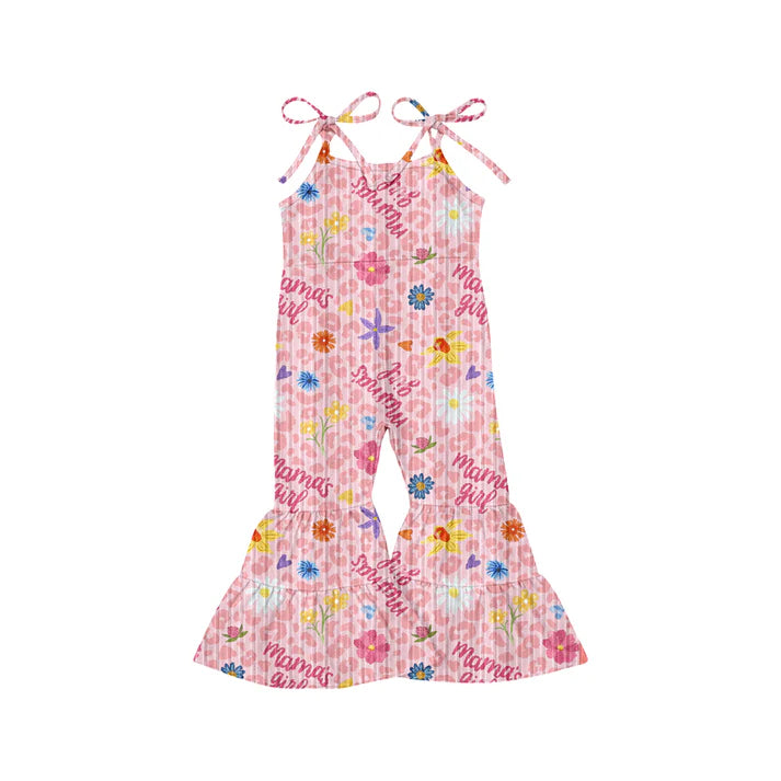 Preorder (moq 5)Baby Girls Pink Bows Strap Mama's Girls Flowers Leopard Bell Bottom Jumpsuits 7.3