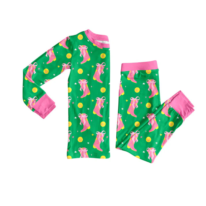 Preorder (moq 5)Baby Girls Bows Boots Smiles Plaid Top Pant Pajamas Set 8.4