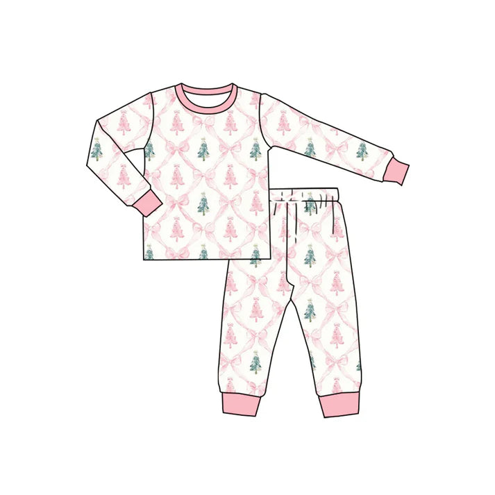 Preorder (moq 5)Baby Girls Long Sleeves Pink Bows Trees Plaid Top Pant Pajamas Set 5.19