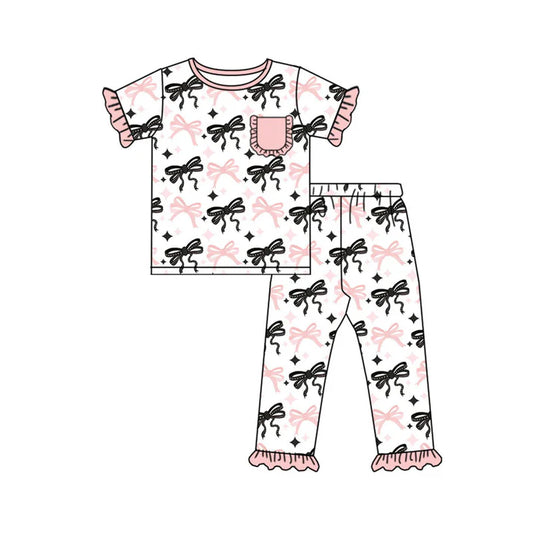 Preorder(moq 5) Baby Girls Pink Black Stars Bows Plaid Pocket Top Ruffle Pants Pajamas Sets 10.30