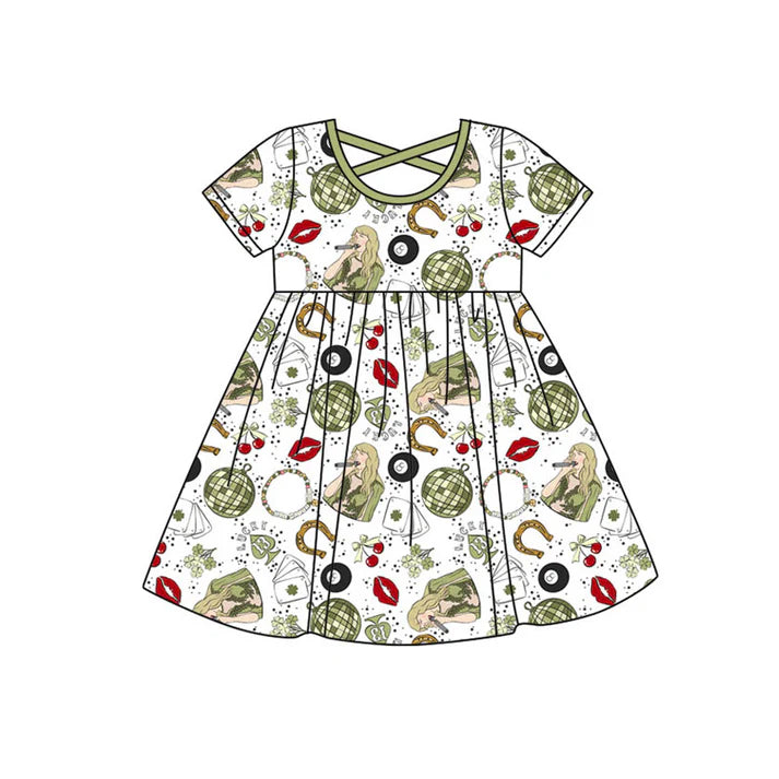 Preorder(moq 5) Baby Girls Short Sleeve Green Clovers Singers St Patrick Knee Length Dresses 10.21