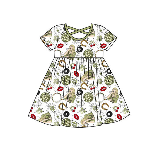 Preorder(moq 5) Baby Girls Short Sleeve Green Clovers Singers St Patrick Knee Length Dresses 10.21