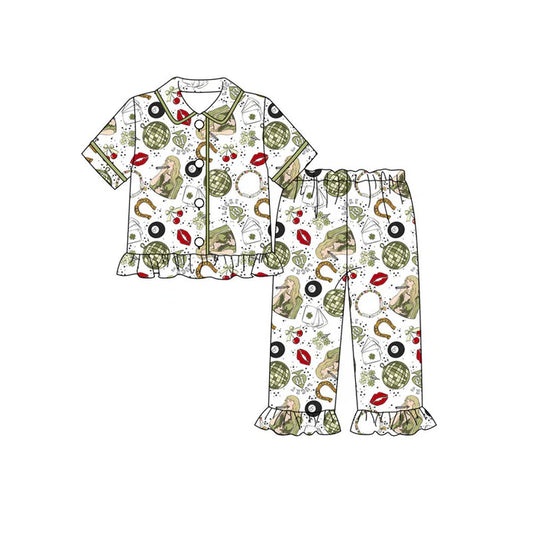 Preorder(moq 5) Baby Girls Green Clovers Singer Button Top Ruffle Pants St Patrick Pajamas Sets 10.21