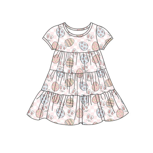 Preorder(moq 5) Baby Girls Pink Checked Eggs Rabbits Easter Patchwork Ruffle Knee Length Dresses 11.7