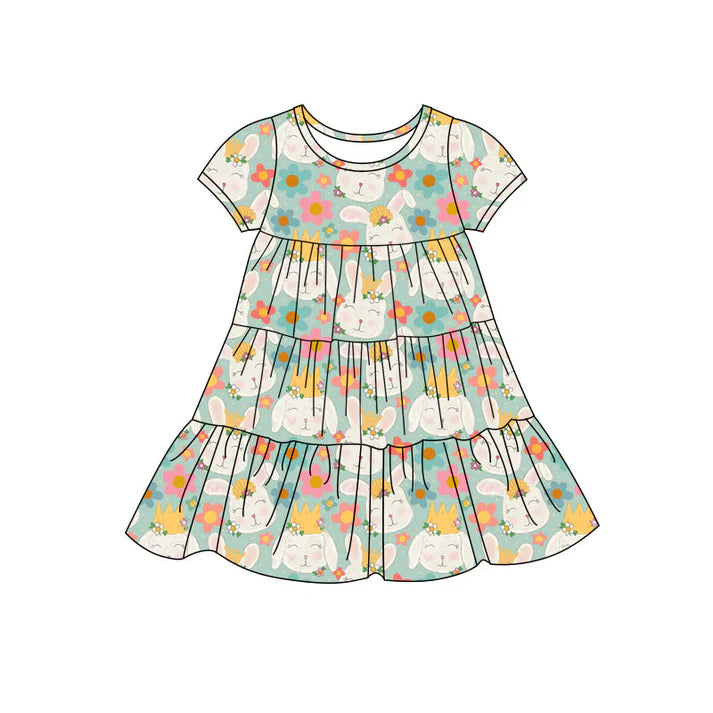 Preorder(moq 5) Baby Girls Flowers Rabbits Easter Patchwork Ruffle Knee Length Dresses 11.7