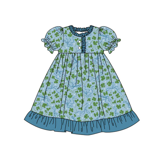 Preorder(moq 5) Baby Girls Clovers Bows St Patrick Button Ruffle Knee Length Dresses 10.23