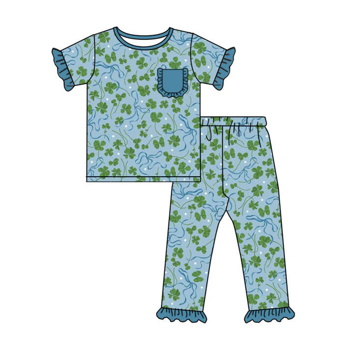Preorder(moq 5) Baby Girls Clovers Bows Pockets Top Ruffle Pants St Patrick Pajamas Set 10.23