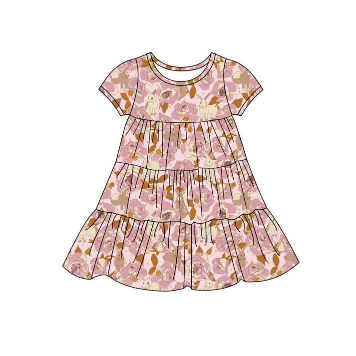 Preorder(moq 5) Baby Girls Rabbits Floral Easter Patchwork Ruffle Knee Length Dresses 11.7