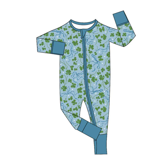 Preorder (moq 5)Baby Girls Clovers Bows Plaid St Patrick Zipper Footie Rompers 10.23