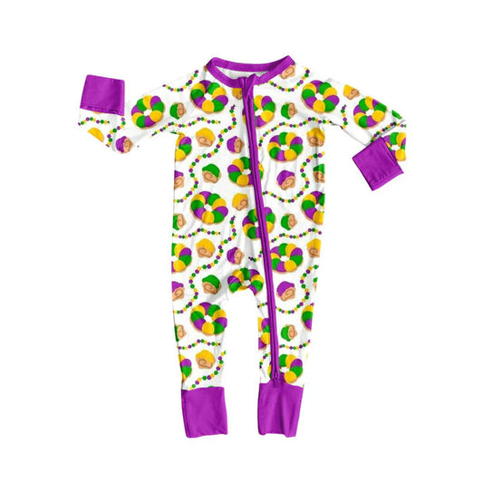 Preorder (moq 5)Baby Girls Mardigras Donuts Plaid Zipper Footie Rompers 10.10