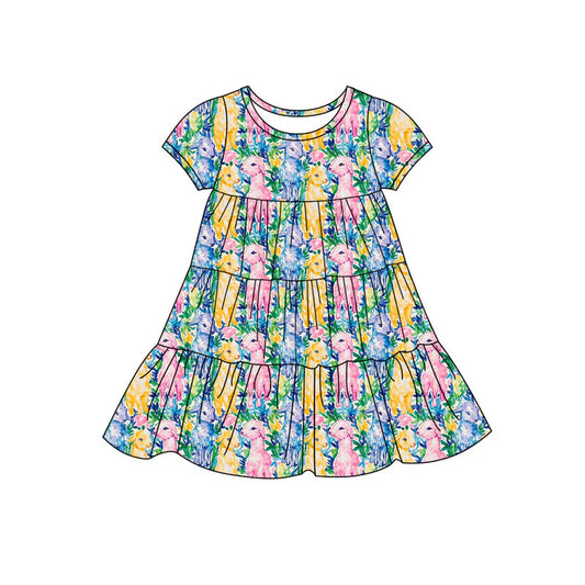 Preorder(moq 5) Baby Girls Sheeps Floral Patchwork Ruffle Knee Length Dresses 11.7