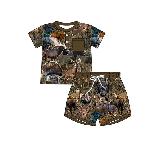 Preorder(moq 5) Baby Boys Brown Camo Deer Dogs Button Top Pockets Short Hunting Clothes Sets 10.23