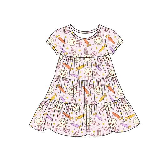 Preorder(moq 5) Baby Girls Rabbits Carrots Easter Patchwork Ruffle Knee Length Dresses 11.7