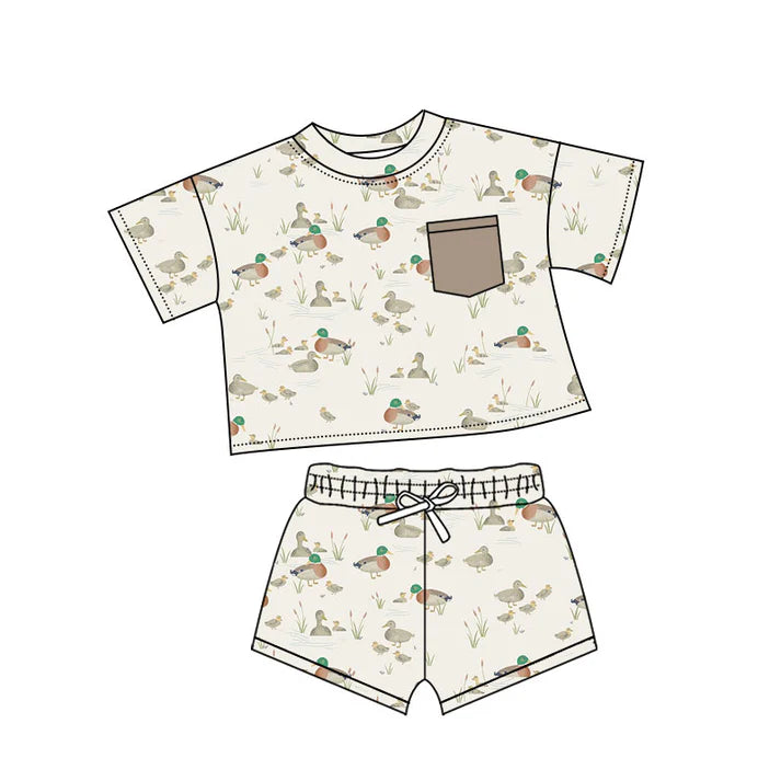 Preorder(moq 5) Baby Boys Ducks Plaid Pockets Top Shorts Clothes Sets 10.18