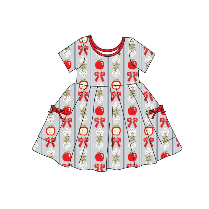 Preorder(moq 5) Baby Girls Apples Flowers Bows Stripe Pockets Back to School Knee Length Dresses 11.7