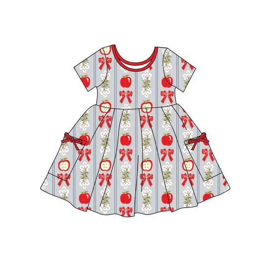 Preorder(moq 5) Baby Girls Apples Flowers Bows Stripe Pockets Back to School Knee Length Dresses 11.7