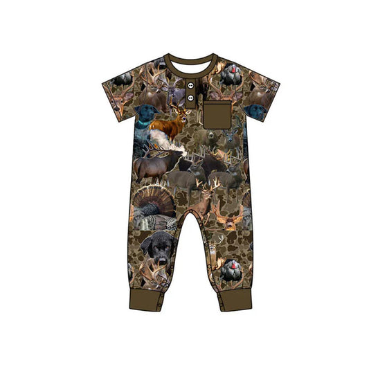 Preorder (moq 5)Baby Boys Brown Camo Deer Dogs Button Pocket Hunting Footie Rompers 10.23