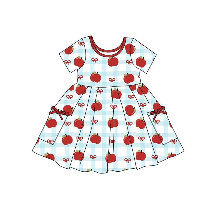 Preorder(moq 5) Baby Girls Apples Bows Checked Pockets Back to School Knee Length Dresses 11.7