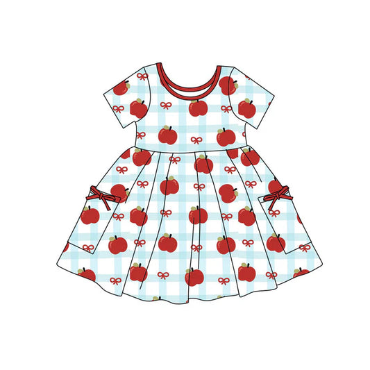 Preorder(moq 5) Baby Girls Apples Bows Checked Pockets Back to School Knee Length Dresses 11.7