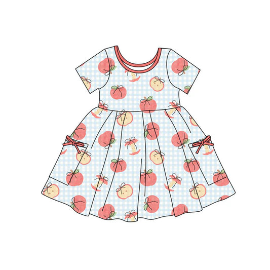 Preorder(moq 5) Baby Girls Bow Apples Checked Pockets Back to School Knee Length Dresses 11.7