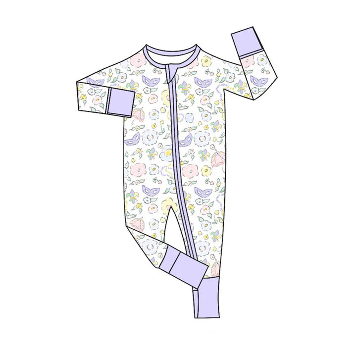 Preorder (moq 5)Baby Girls Long Sleeve Floral Masks Mardigras Zipper Footie Rompers 10.16