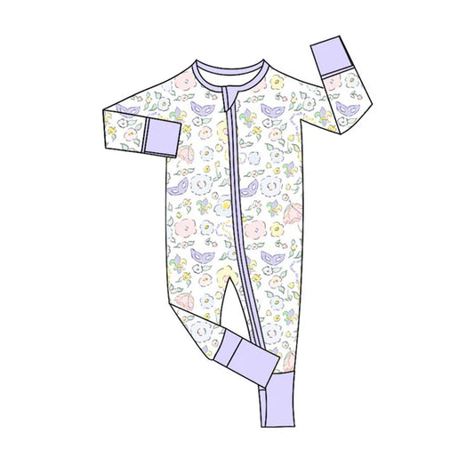 Preorder (moq 5)Baby Girls Long Sleeve Floral Masks Mardigras Zipper Footie Rompers 10.16