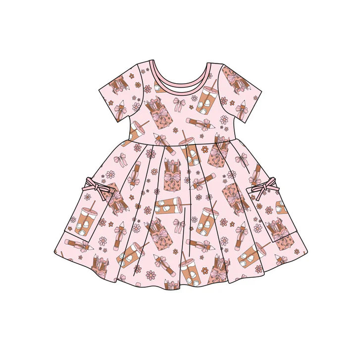 Preorder(moq 5) Baby Girls Pink Bows Pencils Pockets Back to School Knee Length Dresses 11.7