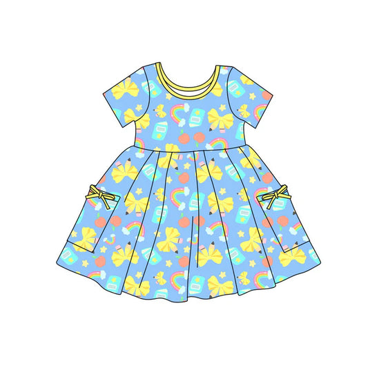 Preorder(moq 5) Baby Girls Bows Pencils Books Pockets Back to School Knee Length Dresses 11.7